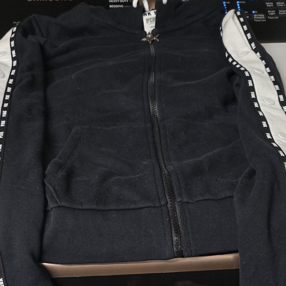 PINK Victoria's Secret Black Hoodie with White Sleeve Accents and Snap Buttons